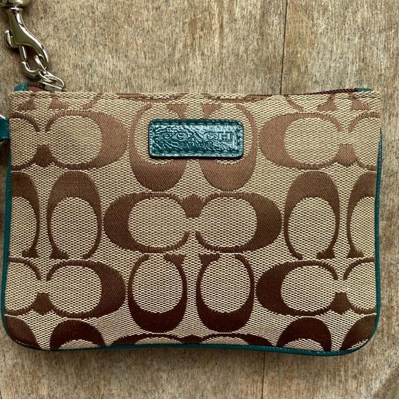 NWT Coach F51775 Park Signature Small Wristlet Bag in Khaki/Lagoon - Picture 2 of 9